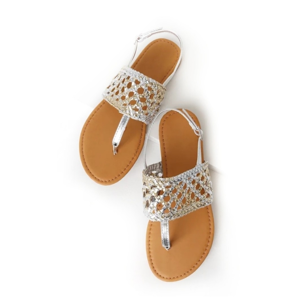 Gold And Silver Woven Flat T-Strap Sandal